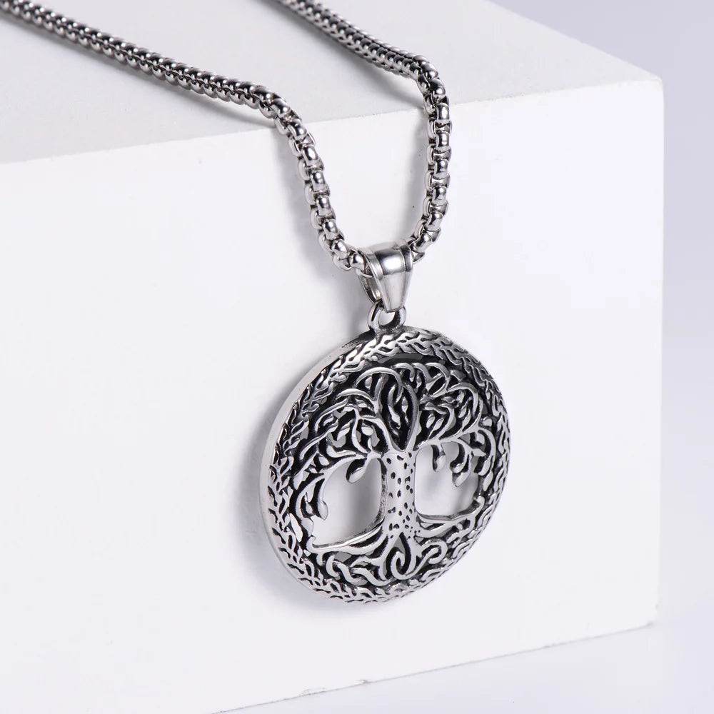 Custom 316L Stainless Steel Tree of Life Necklace with Vintage Coin Box Chain for Gift