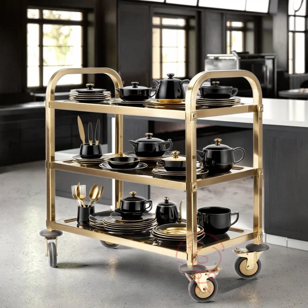 3-Tier Hot Pot Trolley Stainless Steel SS201 Gold-Colored Dining Service Cart for Hotel Restaurant Hospital Use 30-50kg Capacity