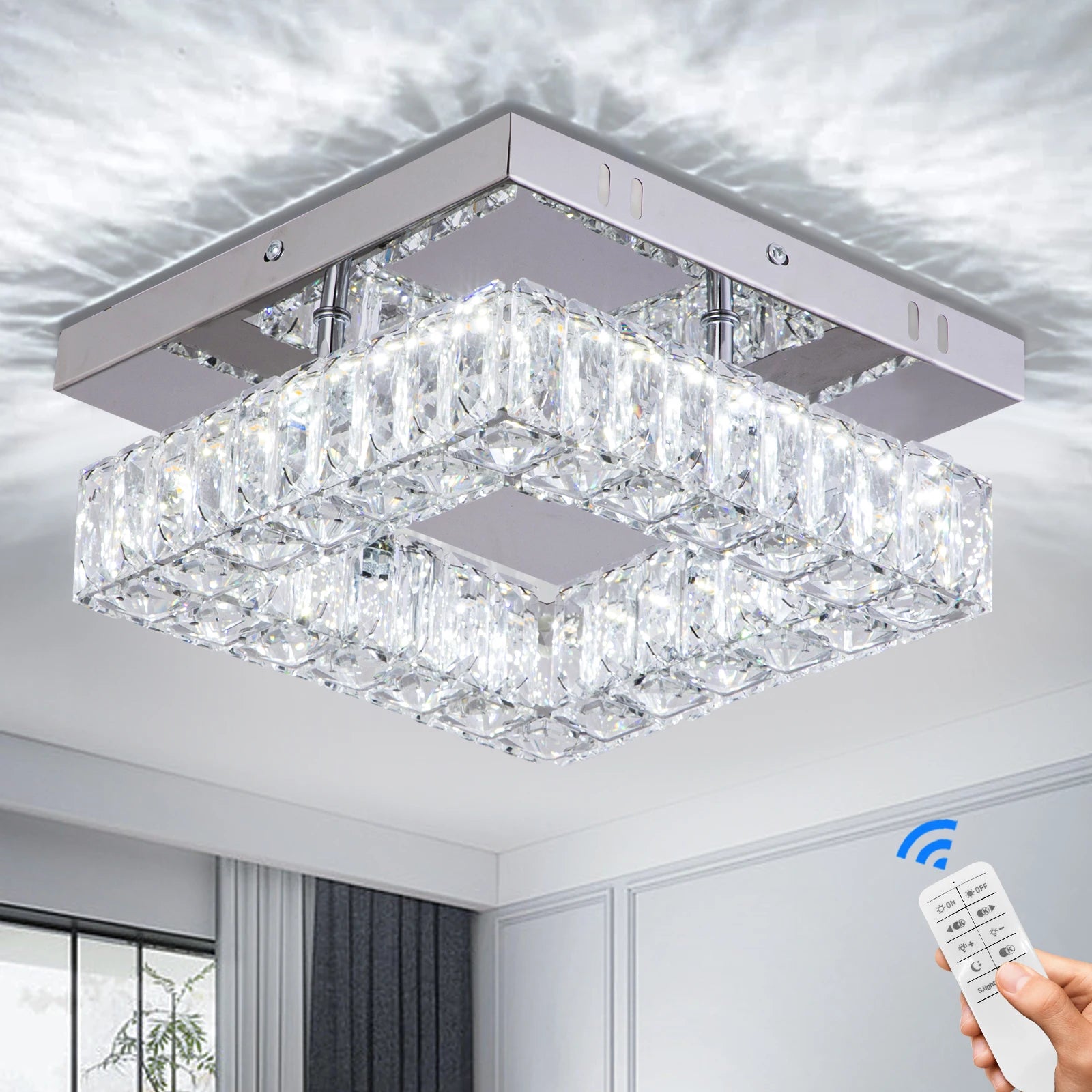 Dimmable Flush Mount LED Ceiling Light Fixture Mini Square Crystal Chandelier Pendant with Remote Control Conveniently Mounted