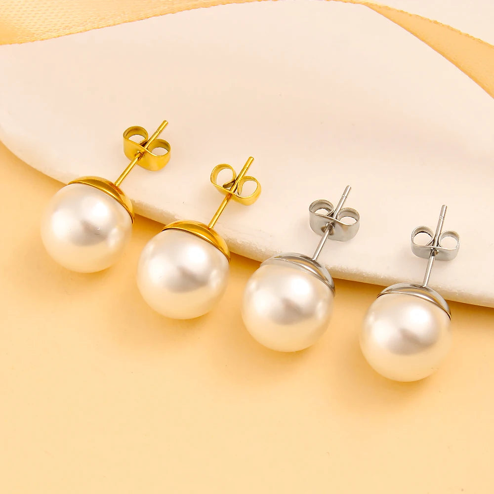 Boho Round White Freshwater Artificial Pearl Stud Earrings for Women Stainless Steel 18k Gold Plated Pearl Earrings Wholesale