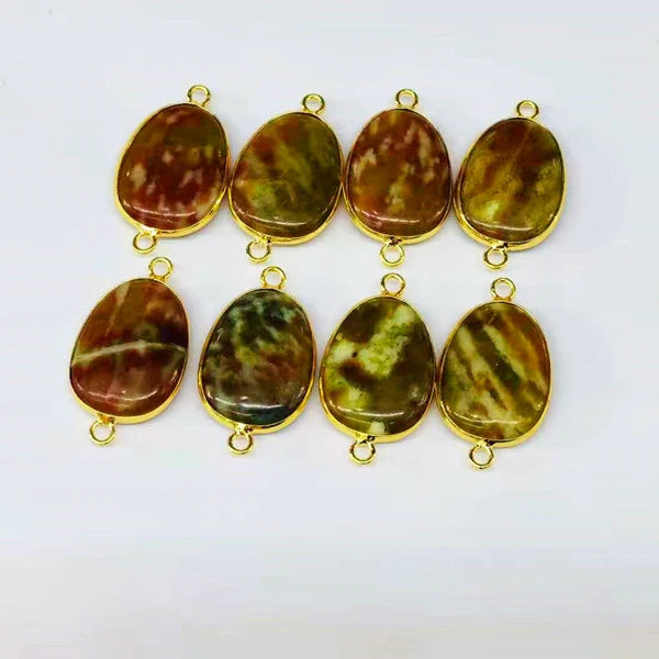 Natural Smooth Charm Gemstone Serpentine Free Shape Gold Double Bail Bezel Connector Dragonblood Jade Jewelry Making