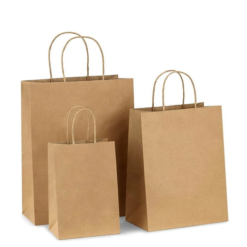 Heepack Handle Paper Bag Carrier Strong Thickness Bags Print Brown Kraft Paper with Handles Disposable Food Packaging
