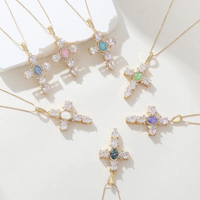 2023 Cross Necklace Gold Plated Copper Colorful Zircon Pendant Necklace Dainty Gold Necklace for Woman