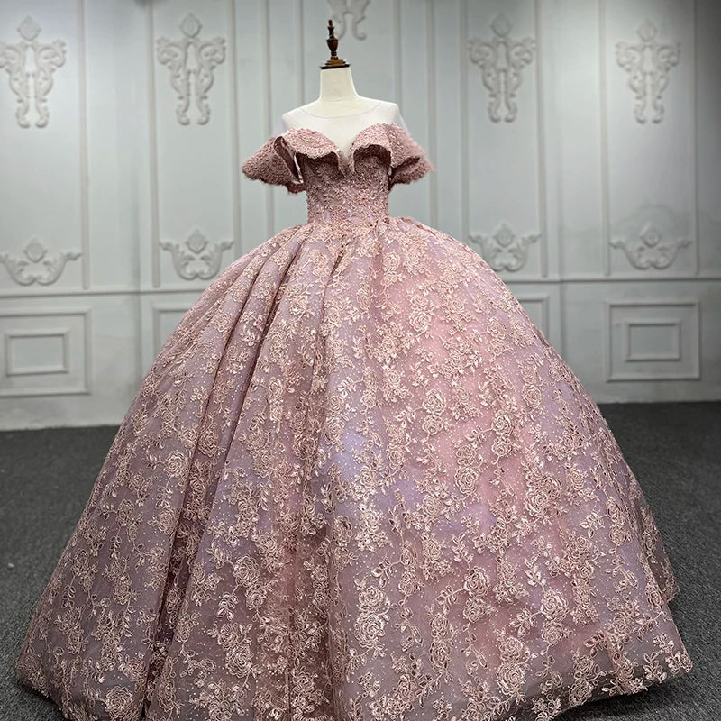 9778 2022 Elegant Pink Lace Embroidery Off Shoulder Party Prom Ball Gown