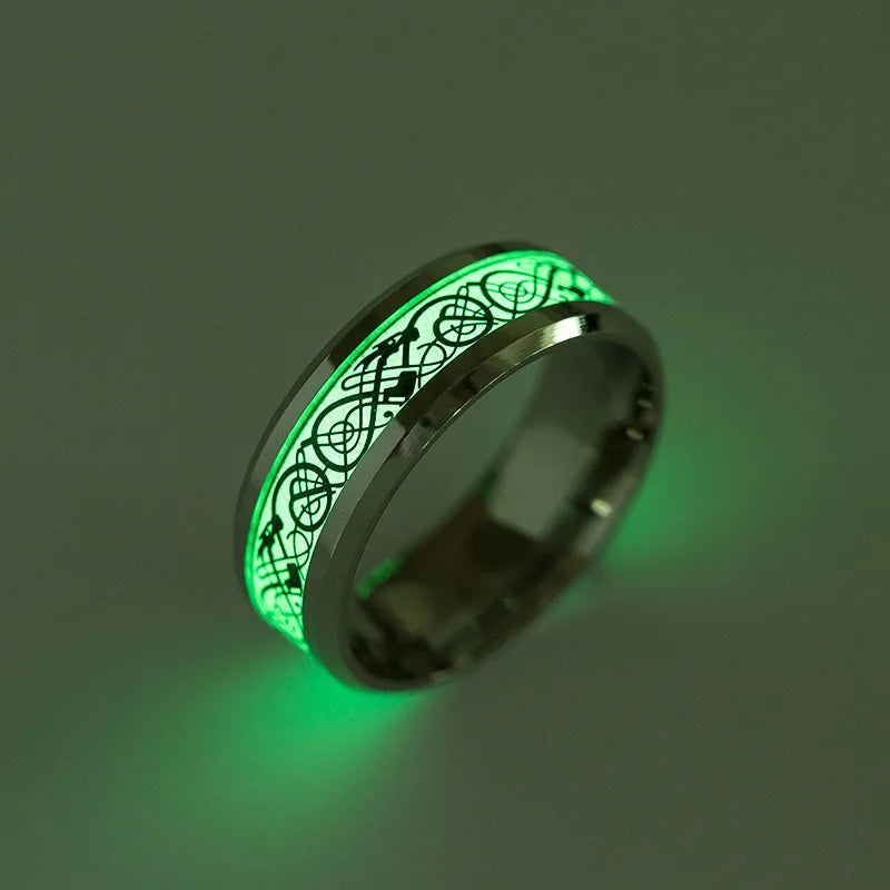 SC Trend Stainless Steel Ring Set Glow in the Dark Dragon Texture Male Silver Ring Luminous Dragon Ring Set for Men