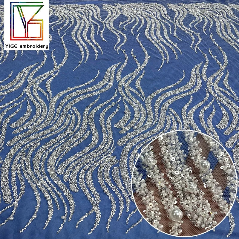Luxury White Tulle Heavily Beaded Lace Fabric French Wedding Dress Sequence Beads Sequin Fabric Pearl Lace Fabric
