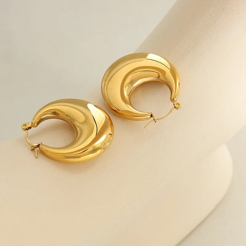 Waterproof Tarnish Free Designer Inspired Stainless Steel Gold Plate Half Moon Shape Hoop Earring Women