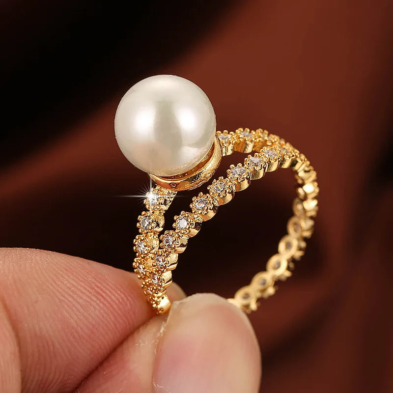 Luxury Women Wedding Finger Ring Full Diamond Star Dazzling Crystal Ring Women Girls Wedding Engagement Party Pearl Ring