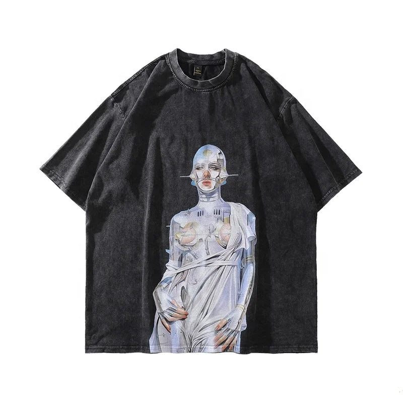 Vintage Tshirt Men Streetwear Hip Hop Portrait Robot Graphics Print Distressed T-shirt 2023 Harajuku Summer Cotton Washed Tshirt