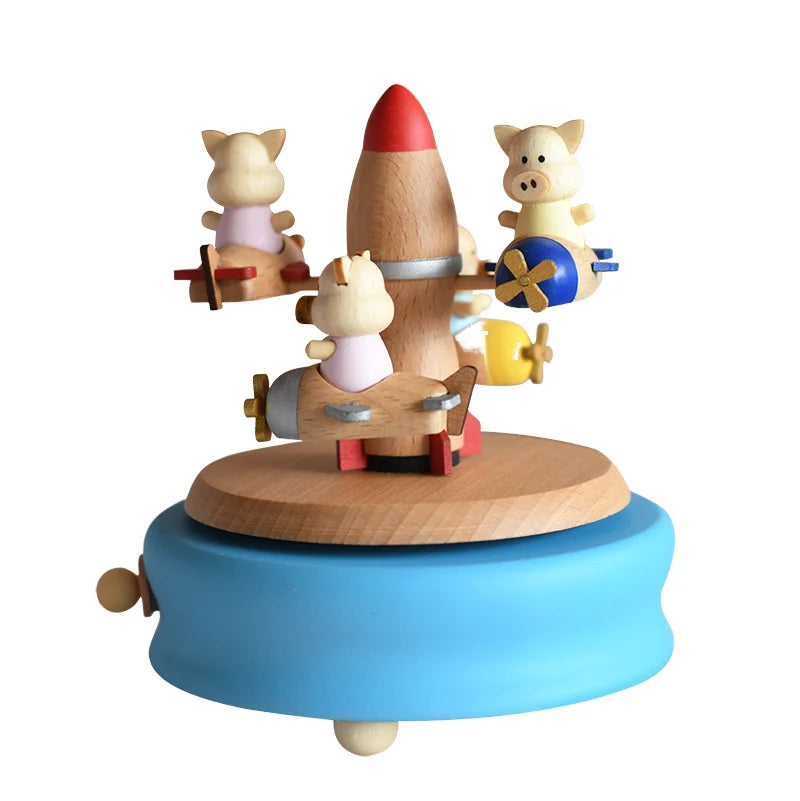 Colorful Wooden Round Music Box 120-Second Sound Hand-Cranked Home Decoration with Animal Figures Christmas Gifts