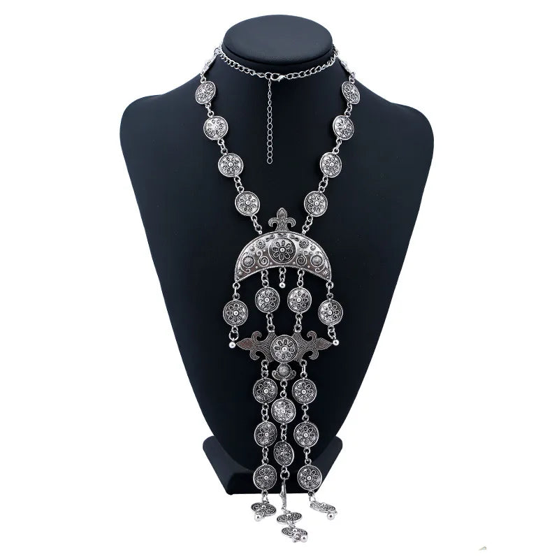 Personality Ethnic Punk Jewelry Luxury Exaggerated Gold Plated Necklace Temperament Floral Coin Tassel Necklace Gifts for Women
