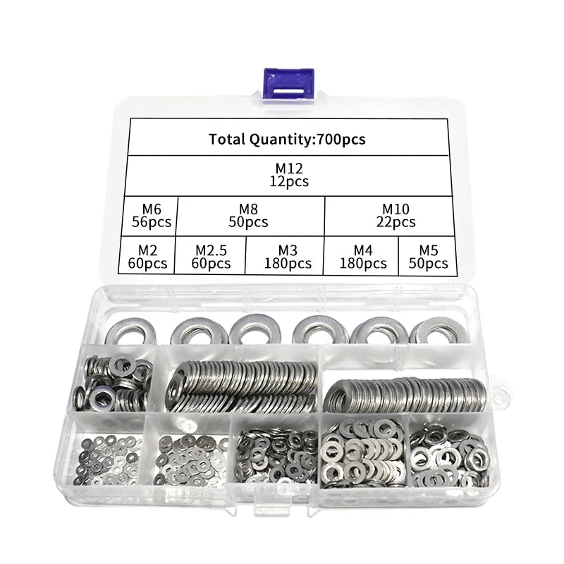 China Factory Stock 700pcs Stainless Steel Flat Washer Gasket Set Assortment Kits DIN125 SS M2 M2.5 M3 M4 M5 M6 M8 M10 M12