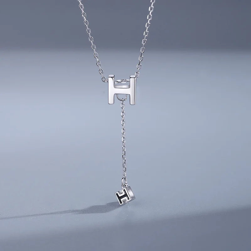 Fashion Long Tassel Zircon Rhodium Plated 925 Sterling Silver Letter H Pendant Trendy Women Wedding Engagement Necklace