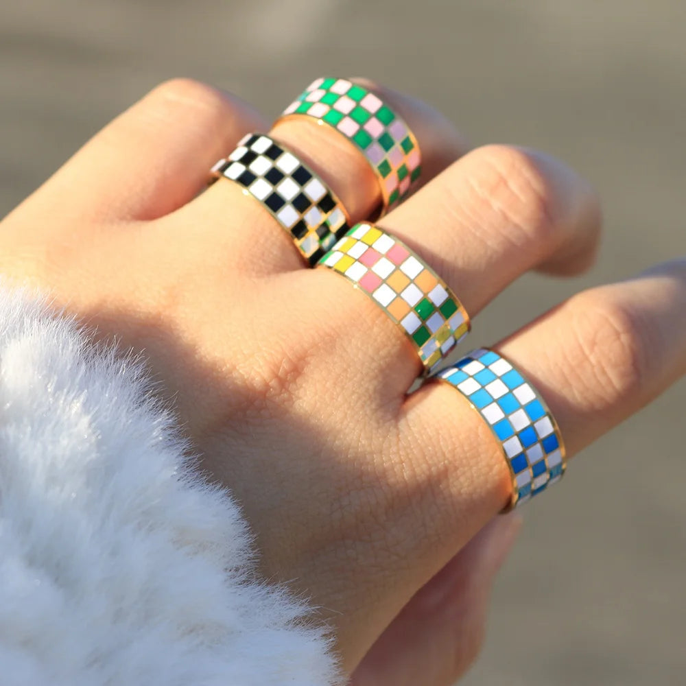 18K Gold Plated Stainless Steel Women Jewelry Black and White Enamel Checkerboard Ring Colorful Enamel Grid Band Rings for Women