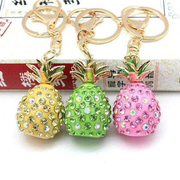 SHINNYGIFTS 3D Cubic Graven Pineapple Shaped Rhinestone Cute Fashion Alloy Metal Keychain Pendent Decoration for Car Purse Bag
