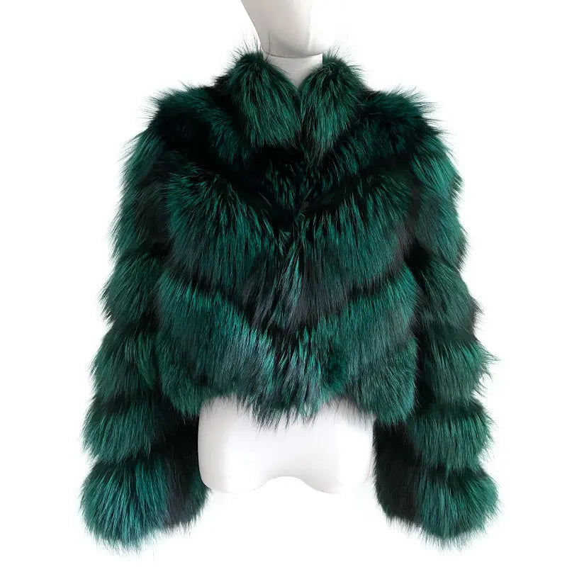 Winter Women's Real Silver Fox Fur Coat Casual Regular Stand Collar V Cut Thick Warm Soft Breathable Cashmere Lined Cotton
