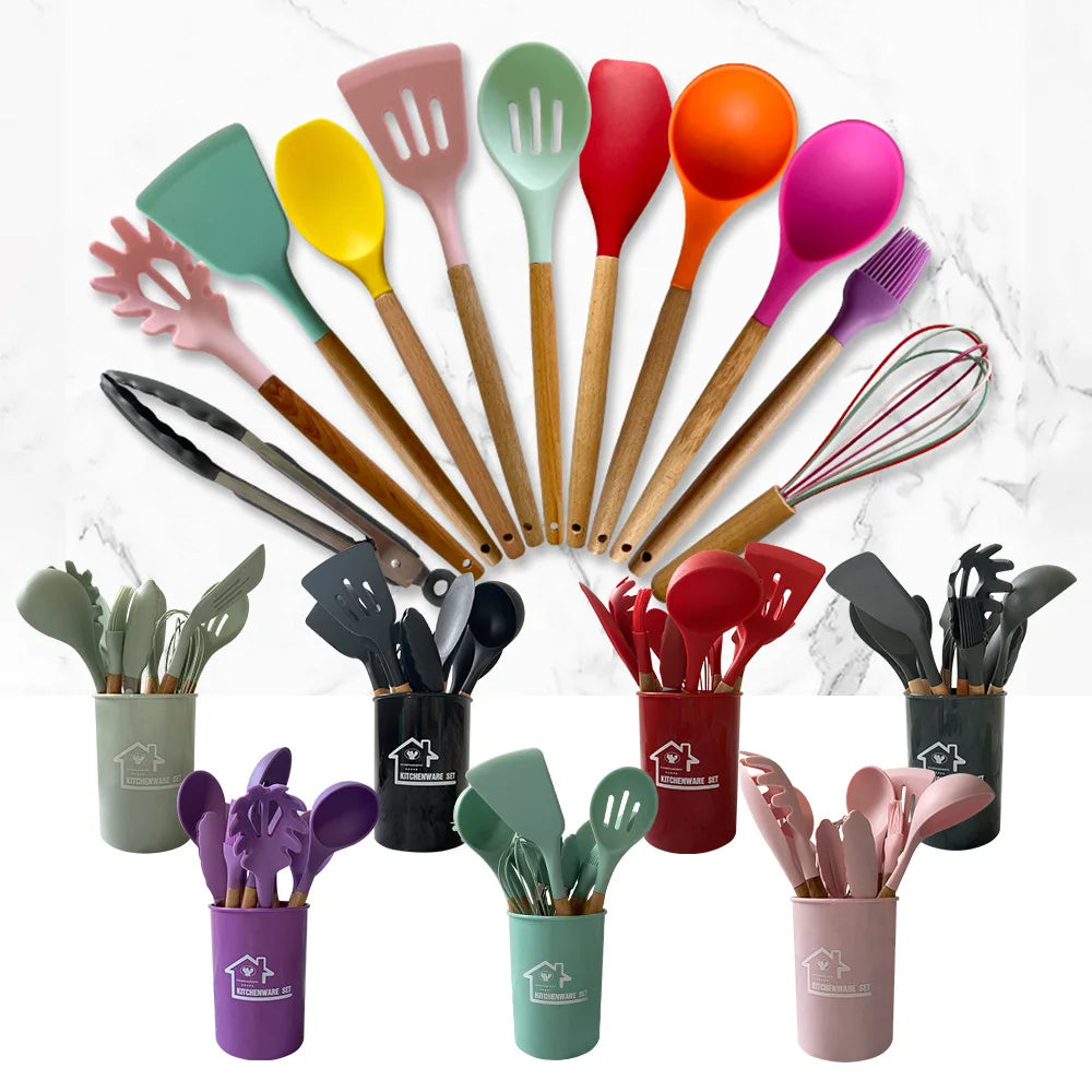 12 Piece Silicone Cookware Set with Wooden Handles 1 Set of Kitchen Accessories and Cooking Tools for Home Kitchen Use