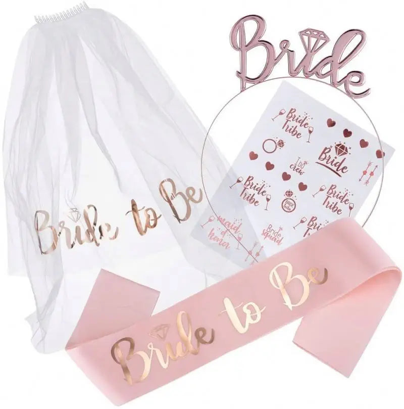 Rose Gold Bride Crown Headband Veil Bride to Be Sash Tattoo Set for Bachelorette Party Decorations X3170