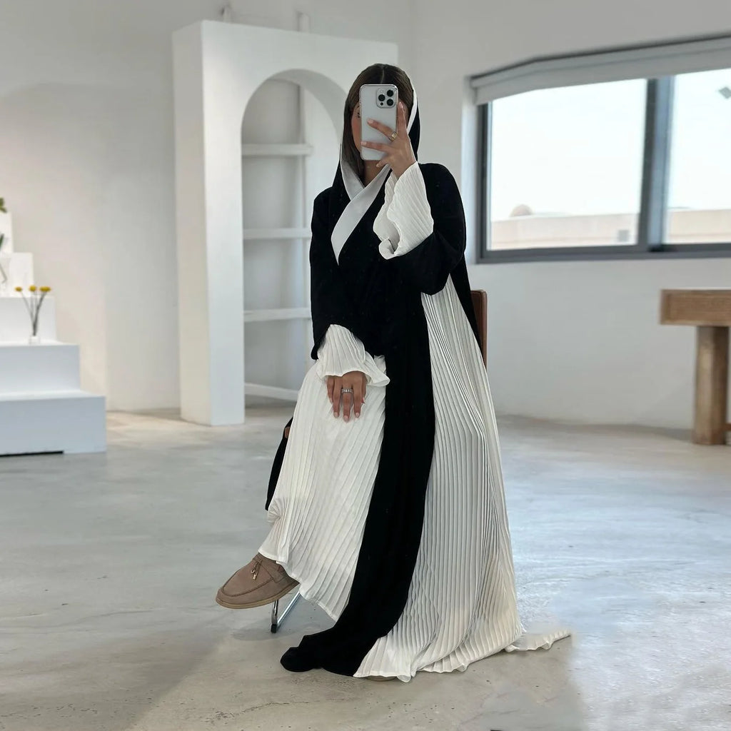 MQ112 Traditional Muslim Clothing Middle East Dubai Turkey Cardigan Black-white Patchwork Pleated Abaya Muslim Kaftan Dresses