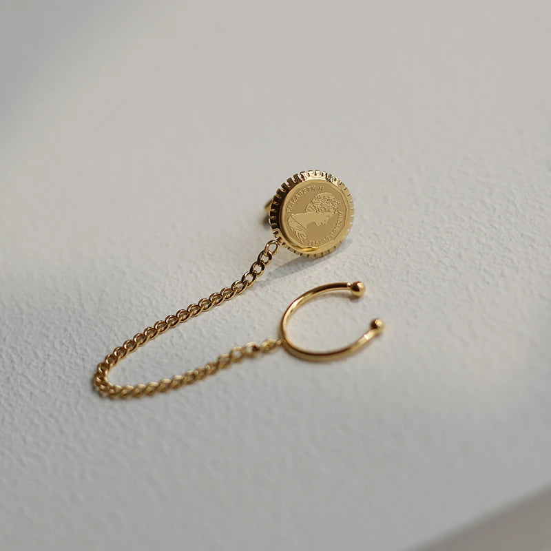 Coin Ear Clip Tassel Chain Ear Stud Stainless Steel 18k Gold Plated Wholesale Earrings Jewelry
