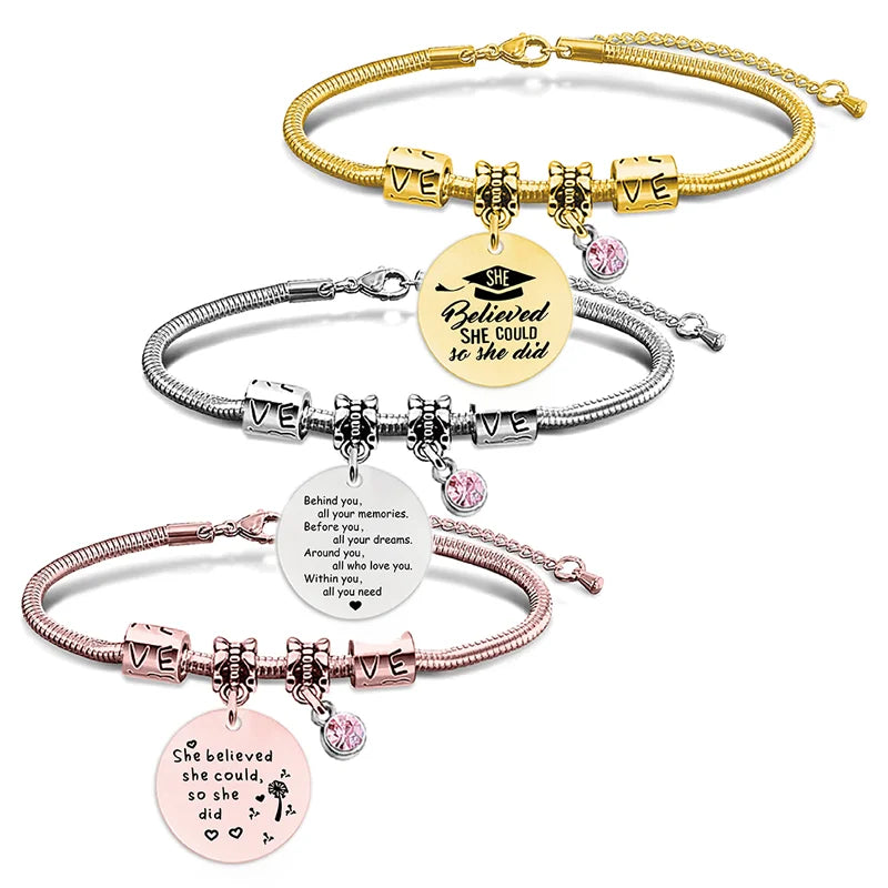 Ywganggu Customize Adjustable Snake Bone Stainless Steel Pink Rhinestone Round Bracelet Graduation Anniversary Gift Set