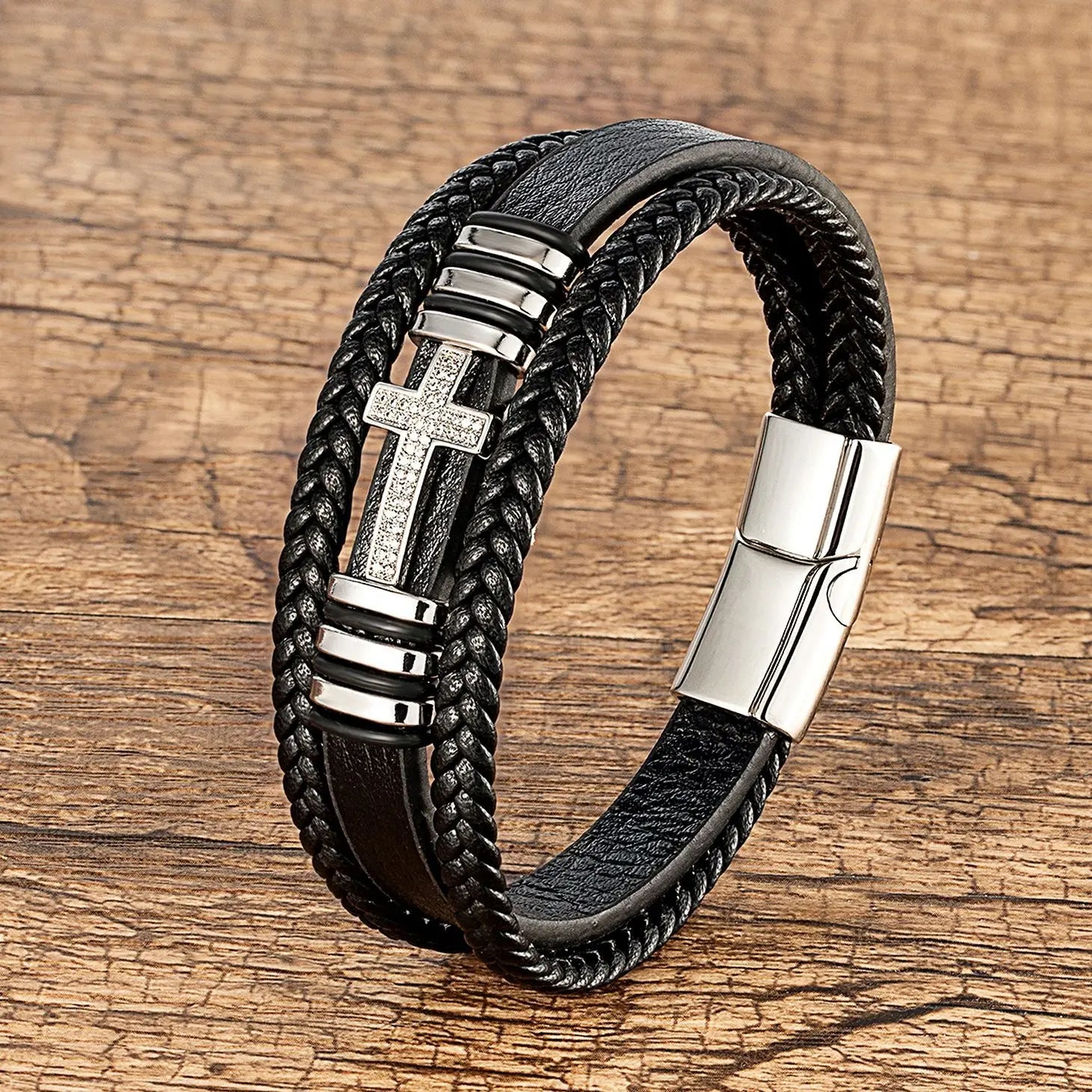 High Quality Men Jewelry Bangle CZ Cross Multilayer Platinum Pave Stainless Steel Clasp Real Genuine Leather Bracelet SL-301