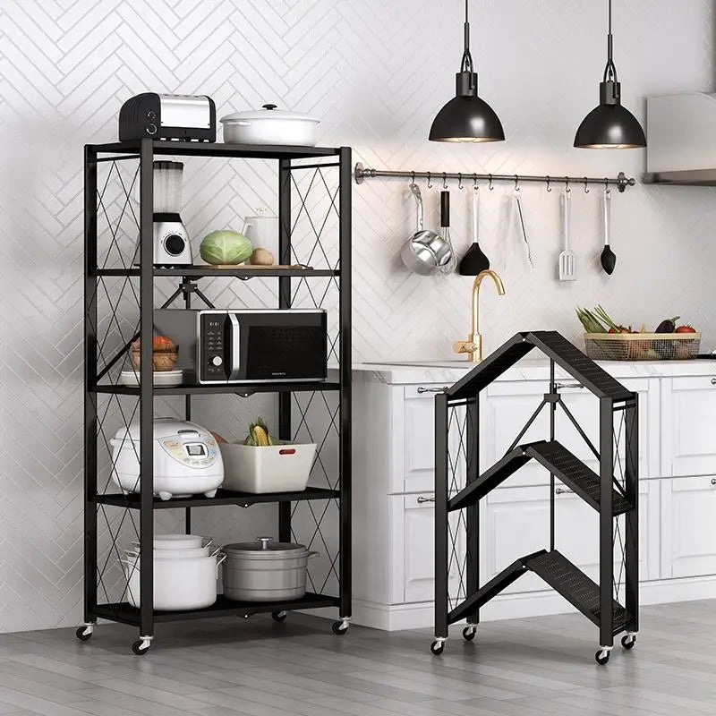 3/4 /5 Tier Kitchen Folding Shelf Rack for Home Storage Foldable Organizer Telescopic Metal Shelves with Wheels for Living Room