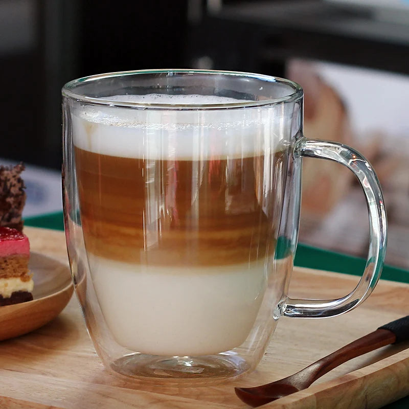 Customized 16 oz clear Double Wall Borosilicate Glass Coffee Cups with Handle 250ml Coffee Double Layer Tumbler Mug