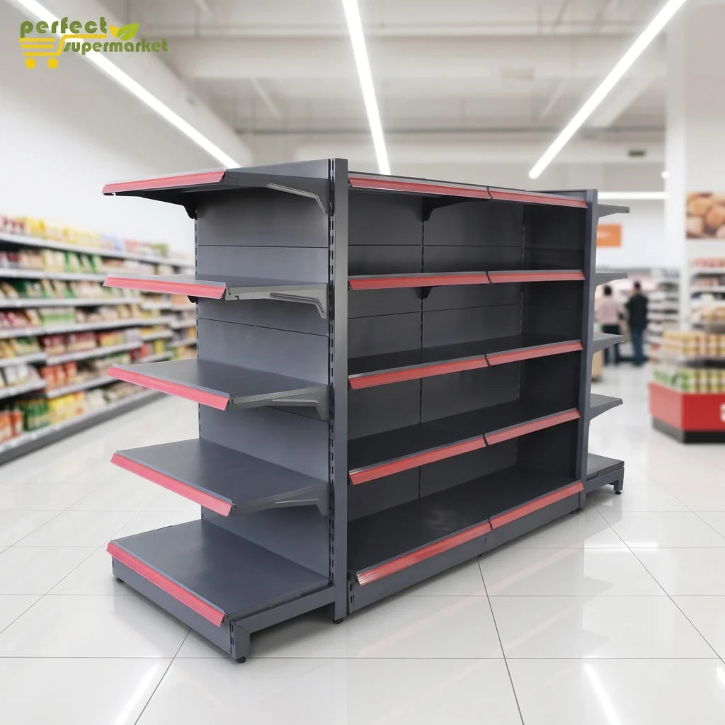 Heavy Duty Metal Supermarket Gondola Shelf Display Racks with Double-Sided Solid Shelves for Grocery Stores MegaBDM