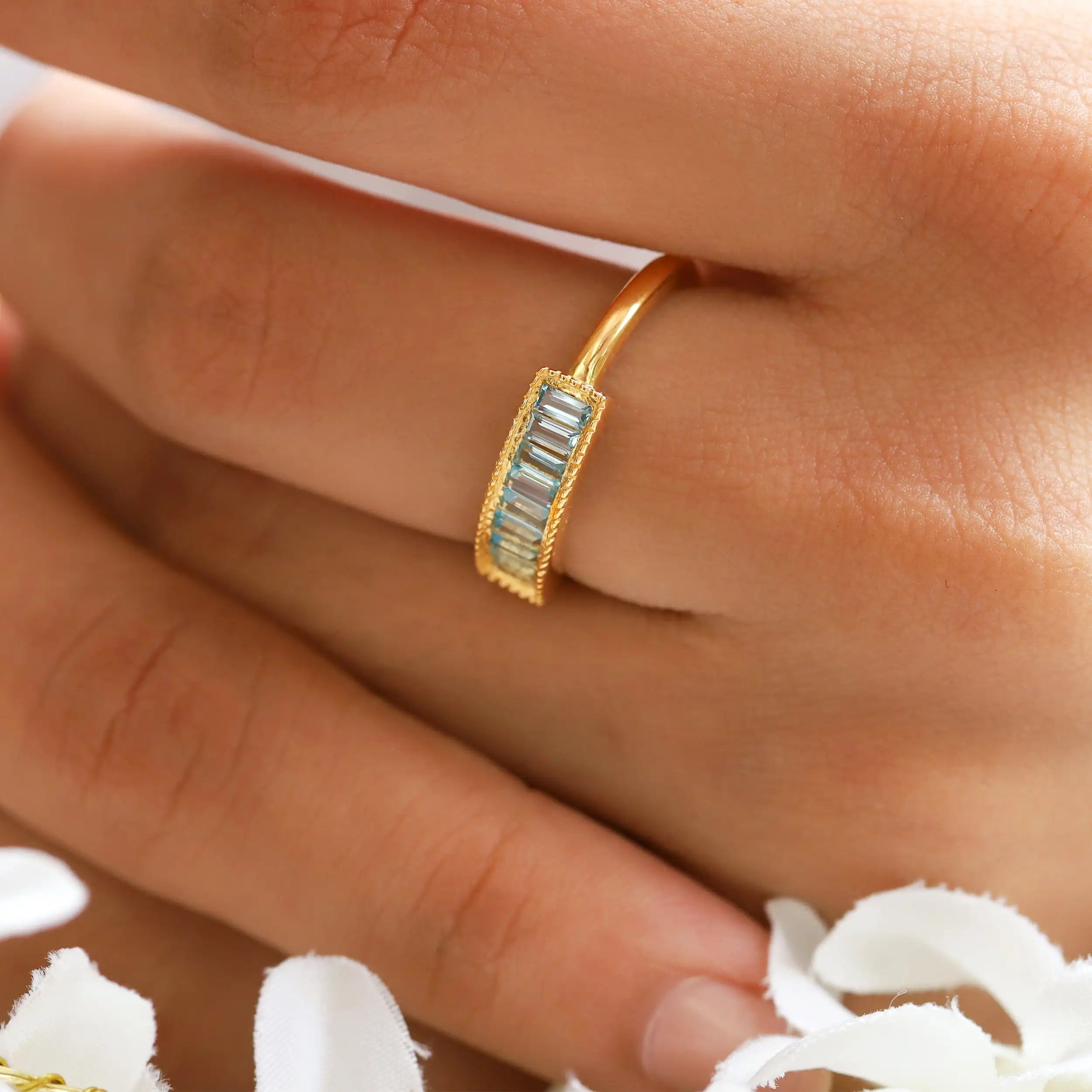 For Luxury Fine Fashion Jewelry for Women 18k Gold & Rhodium Plated 925 Silver Blue CZ Baguette Rings for Wedding and Party