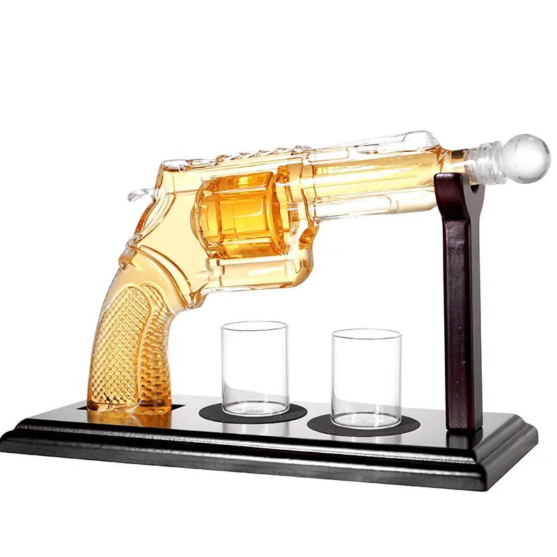 Revolver Shape Glass Whiskey Decanter Set with 2 Glasses High Borosilicate Liquor Carafe & Shot Cups Barware Gift for Men