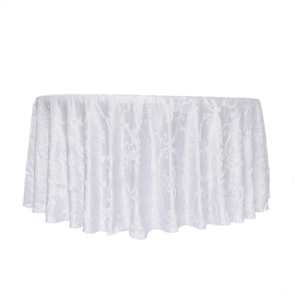White Round Damask Tablecloth in Polyester Fabric for Wedding Banquet Restaurant and Parties