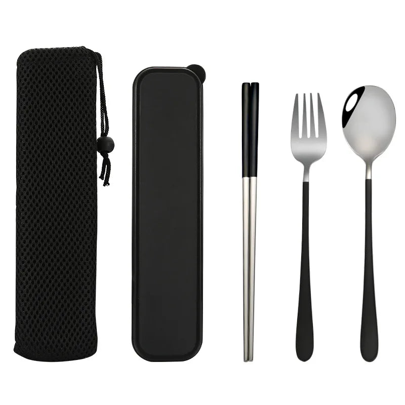 304 Stainless Steel Reusable Outdoor Personalized Portable Travel Foldable Black Chopsticks Spoon Fork Cutlery Set With Case