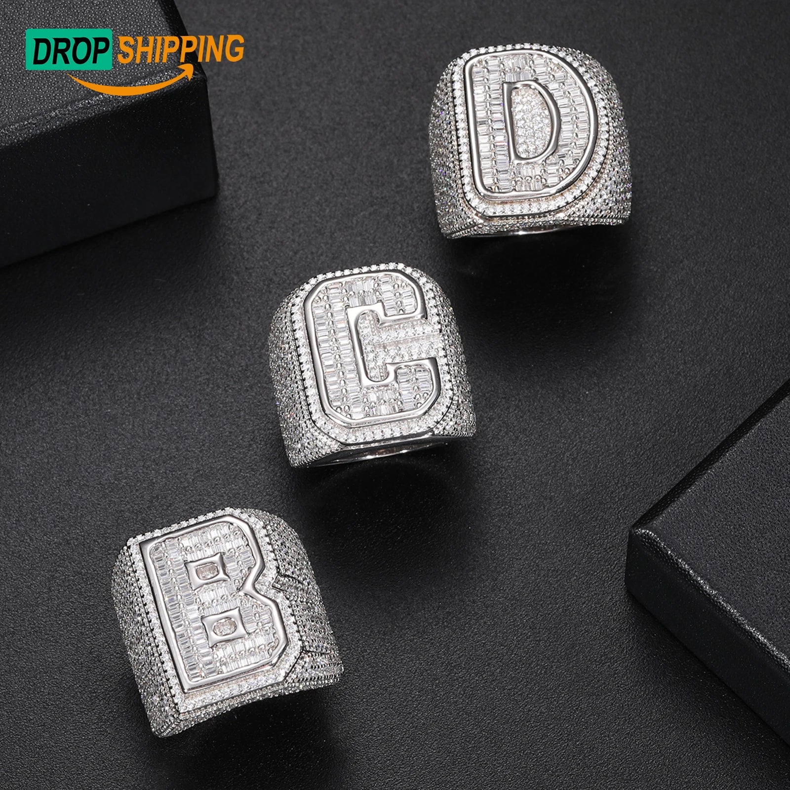 Dropshipping Baguette Mossanite Letter Ring Jewelry 925 Sterling Silver VVS Moissanite Diamond Iced Out Initial Hip Hop Ring