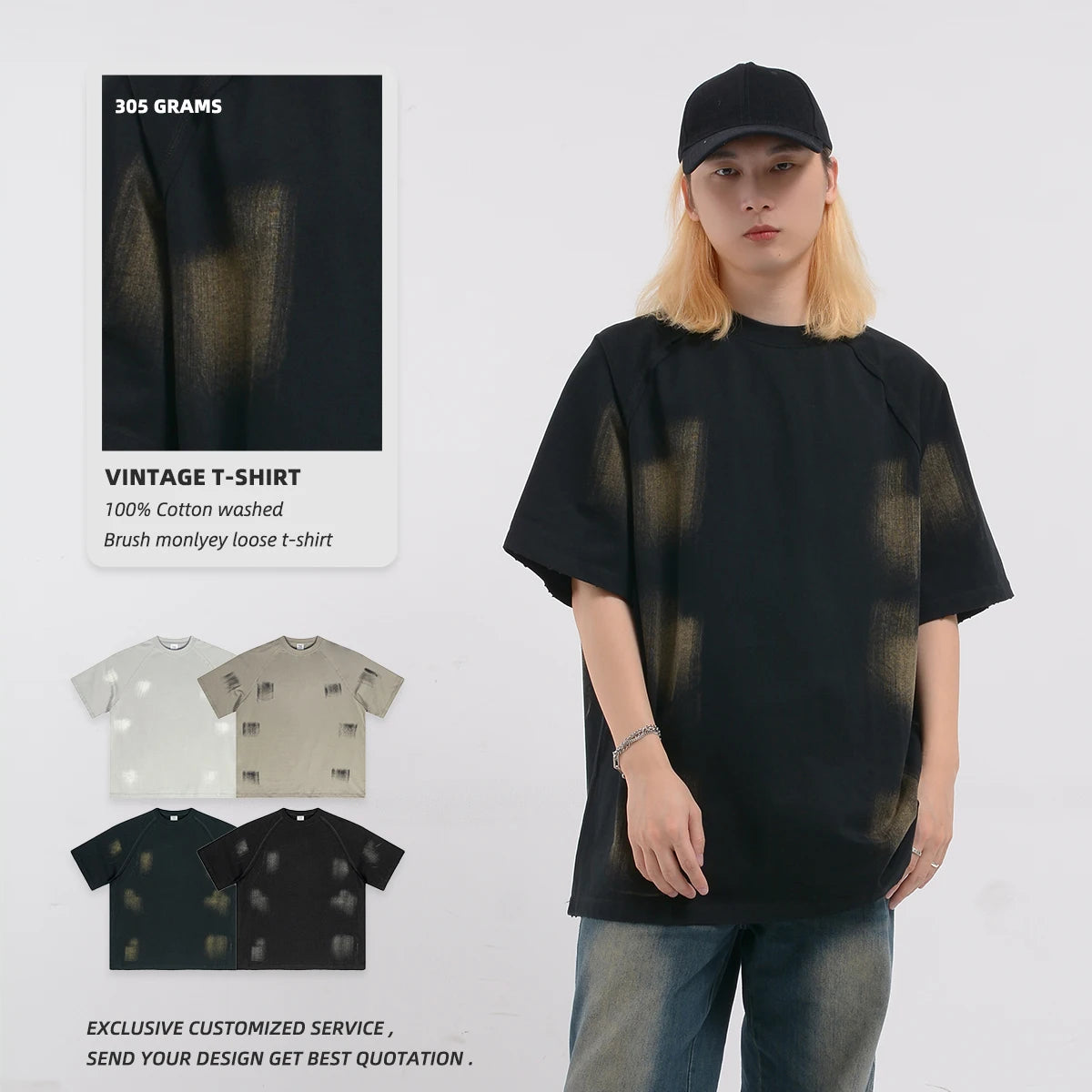 Luxury 305G Heavy Blank Print Vintage Washed Oversized Loose Boxy O-Neck Men's T-Shirt