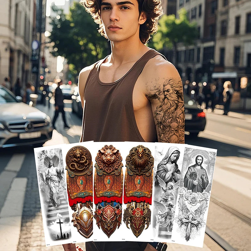 Full Arm Tattoo Sticker Cross-border New Waterproof Sweat Simulation Tribe Totem Colorful Full Arm Temporary Tattoo