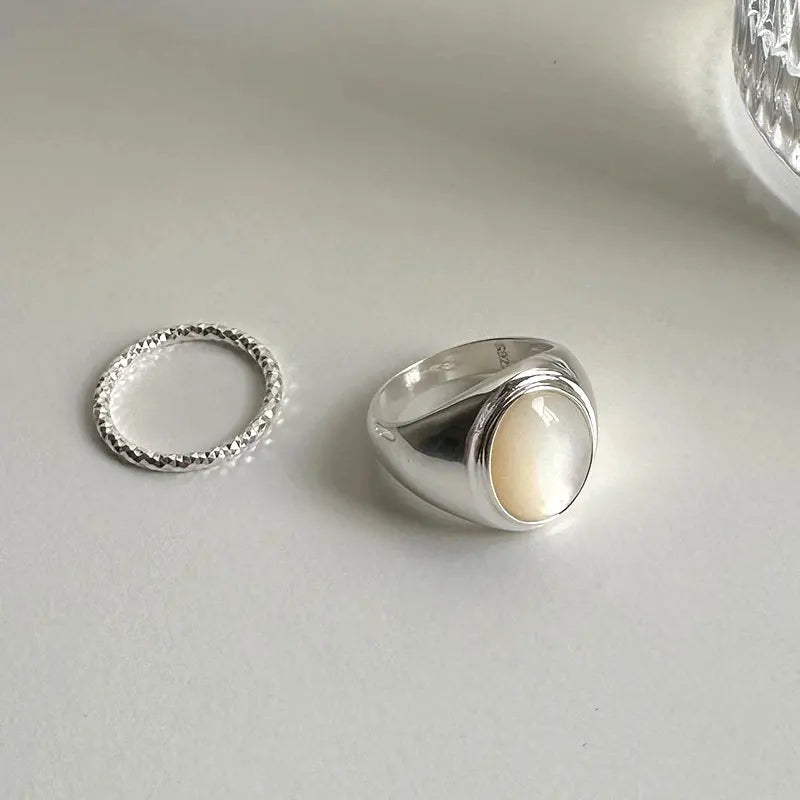 Fine Jewelry 925 Sterling Silver Vintage Mother of Pearl Ring Chunky Statement White Shell Ring