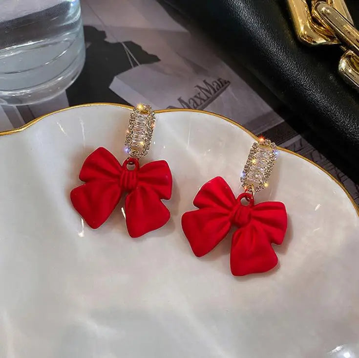 2022 NEW Trendy Crystal Drop Bowknot Earrings Temperament Diamond Bling  Red Bow Knot Dangle Earrings