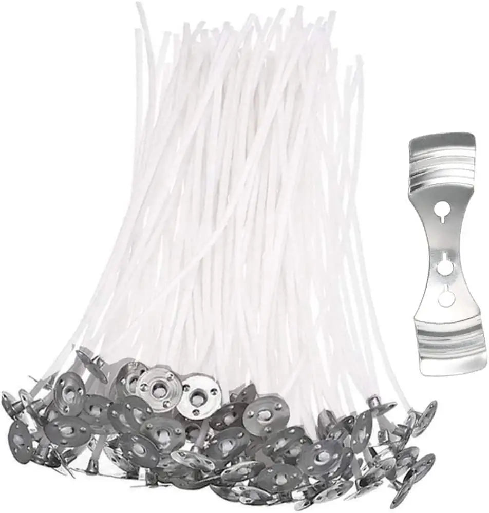 Natural Pre Waxed 6 Inch 100 Pieces 3-Hole Eco Cotton Braided Candle Wicks With Holder for Candle Making