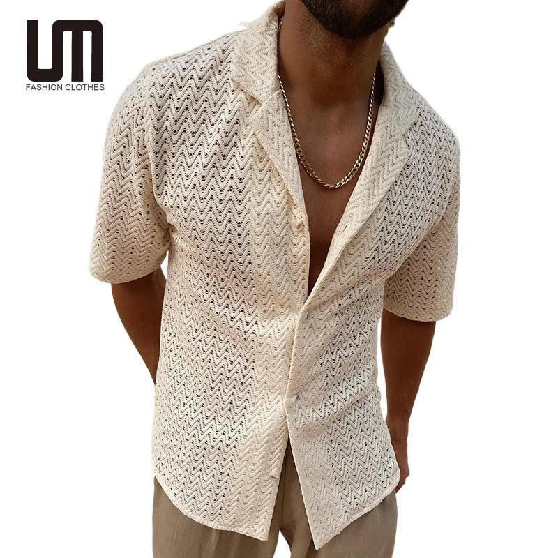 Liu Ming Trending 2024 Products Summer Men s Clothing Loose Button Tops Blouse Fashion Short Sleeve Hollow Knit Shirts