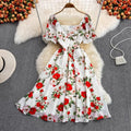 Boho Ruffle Vintage Floral Print Summer Off Shoulder Midi Long Dress Party Women Casual Spaghetti Strap Beach Holiday Vestidos