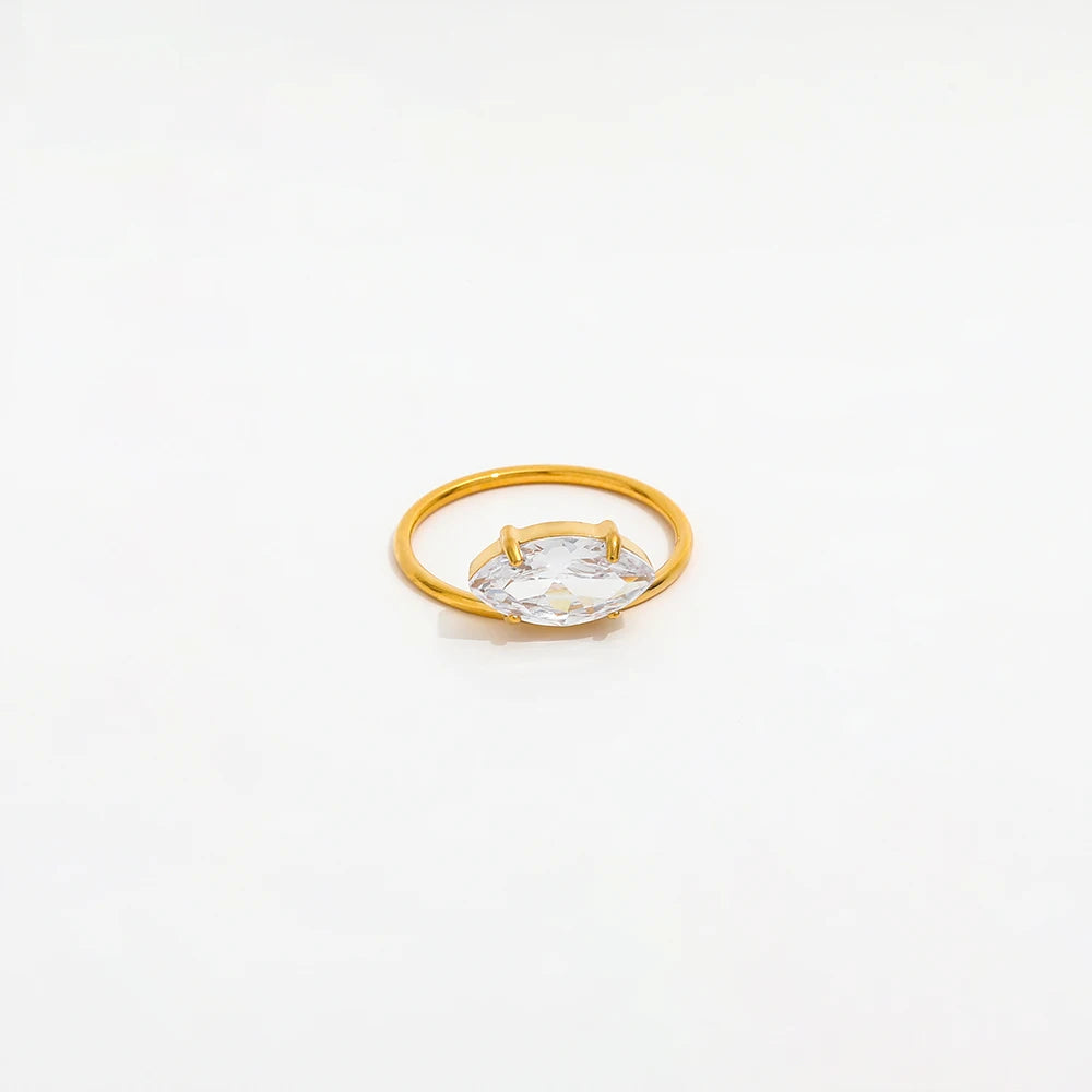 Joolim Jewelry Wholesale 18K Gold Plated Chunky Eye CZ Oval Zirconia Stainless Steel Lines Rings for Women Dainty Rings