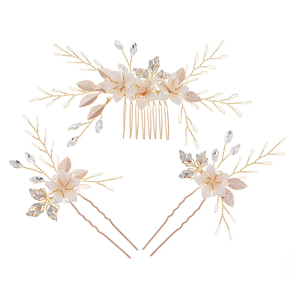 Hair Comb and Hairpin Bridal Hair Set White Flower Wedding Hair Jewelry for Braids GIRL JEWELRY(3pcs/set)