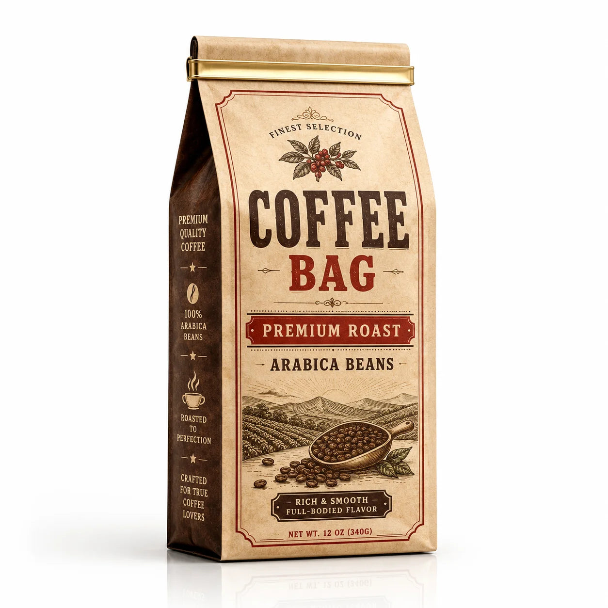 Custom Vintage Kraft Coffee Bag With Tin Tie Side Gusset Pouch Premium Roast Arabica Coffee Bean Packaging