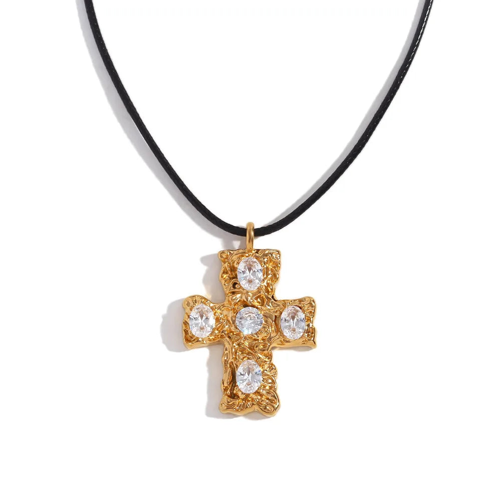 Stainless Steel Tar Free Fashion Jewelry 18k Gold Plated Colorful Zircon Cross Pendant Black Rope Necklace YF3749