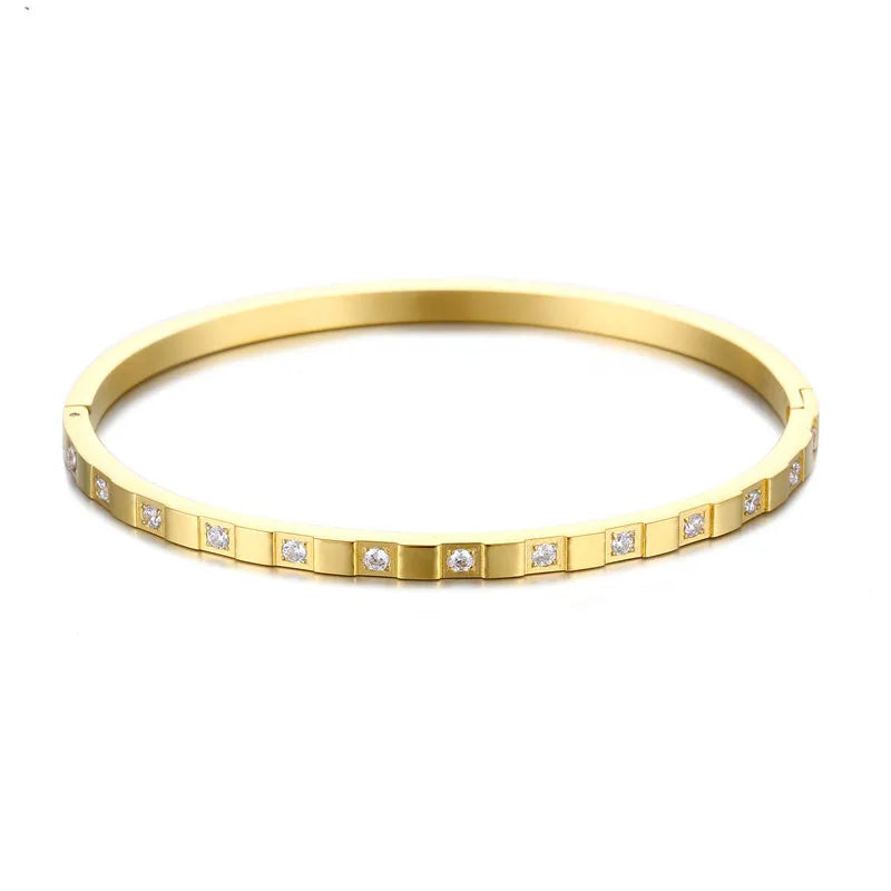 3mm Thin Stainless Steel 18K Gold Rose Gold Plated  Zircon Bangles Bracelets for Women