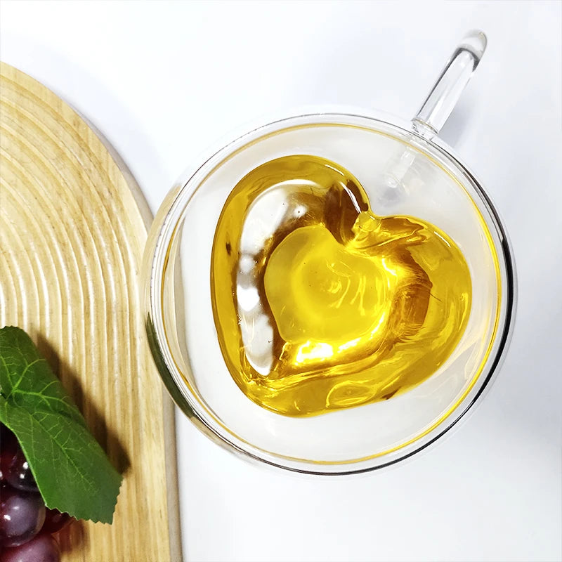 High Borosilicate Heart Shaped Transparent Double-Wall Insulated Glass Coffee Mugs or Tea Cups With Handle