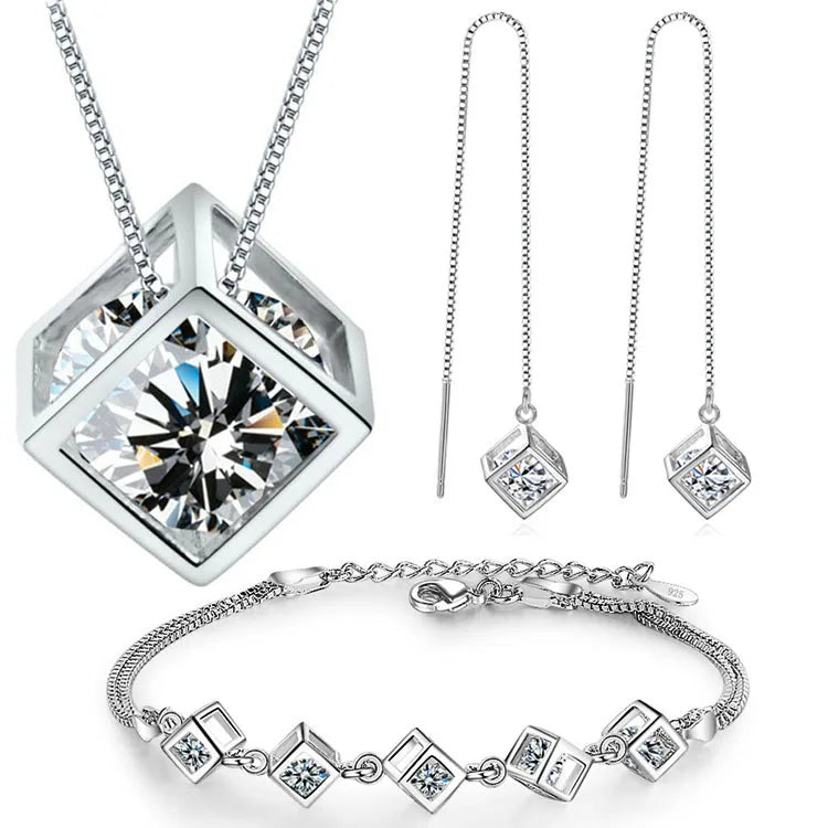 G1842 Elegant Jewelry Sets Saqure Cube Zircon Pendant Necklace Bracelet Earring Set for Women