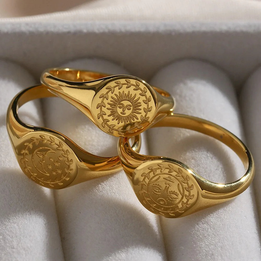 Trendy  Rings Jewelry Stainless Steel PVD 18K Gold Plated Moon and Sun Goddess Couple Ring