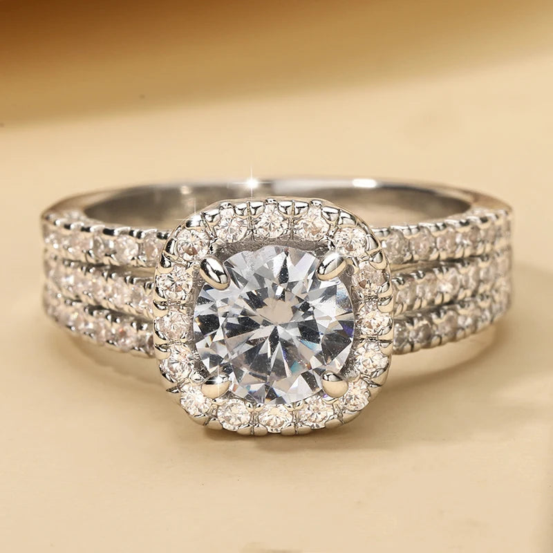 Fashion Jewelry Micro Pave 3 Row Zircon Engagement Wedding Ring Silver Plated Classic Gift